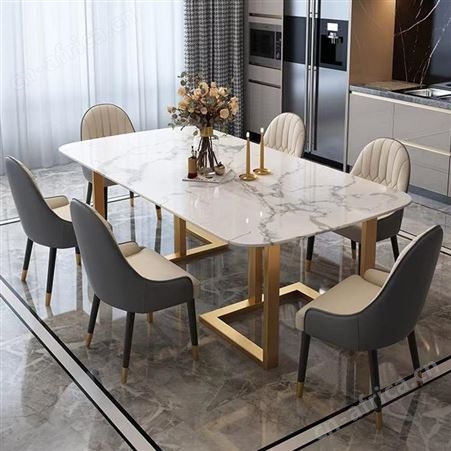 鼎富DF113大理石餐桌椅组合不锈钢长方形北欧餐桌简约餐台