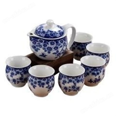红素彩青花七头双层茶具套装隔热杯 陶瓷茶具礼品定制 500件起订不单独零售