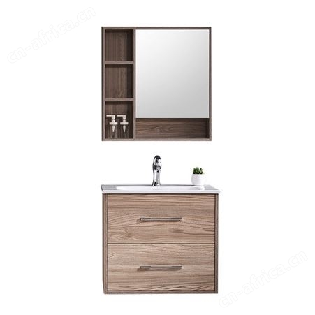 多层实木棕色浴室柜 配白色陶瓷盆 家用小型洗手台盆配镜柜